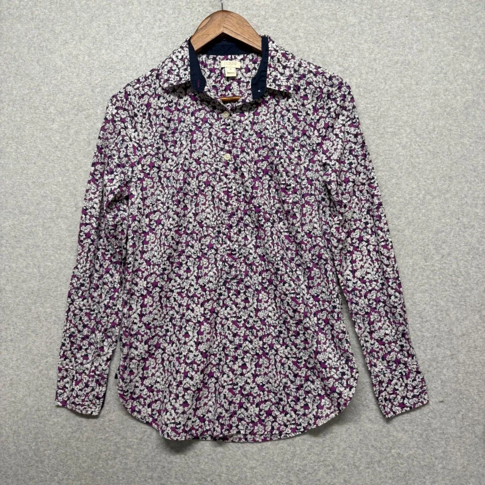 J.Crew Button Up Women XS Purple Floral Cotton Long Sleeve Cottagecore Feminine‎
